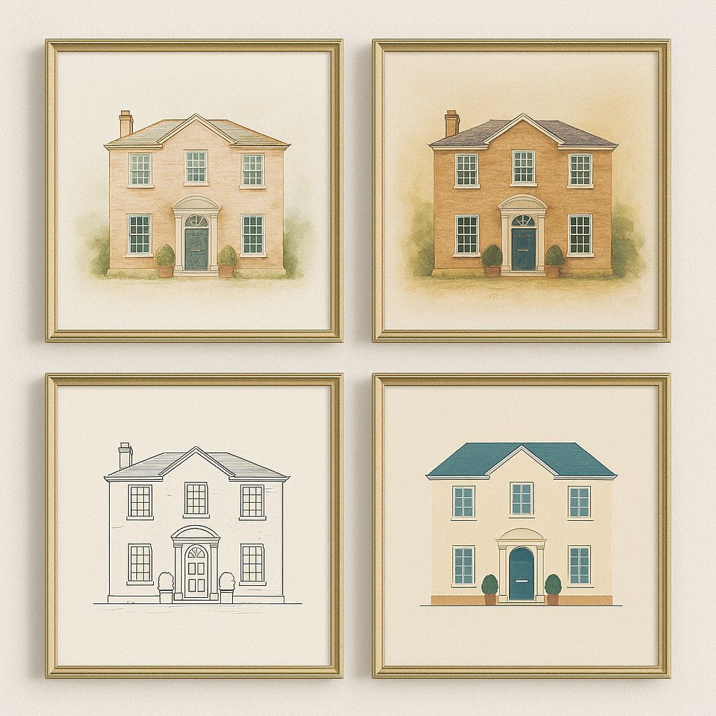 Collection of house portrait styles including watercolor, traditional, line art, and modern